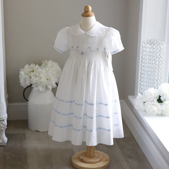Strasburg Other - Strasburg Dress White Heirloom Smocked Size 2 Blue Trim Special Occassion Party